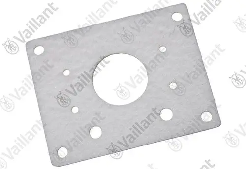 Vaillant Dichtung, rechteckige Form mit mehreren Löchern und zentralem Ausschnitt, aus hellem Material.